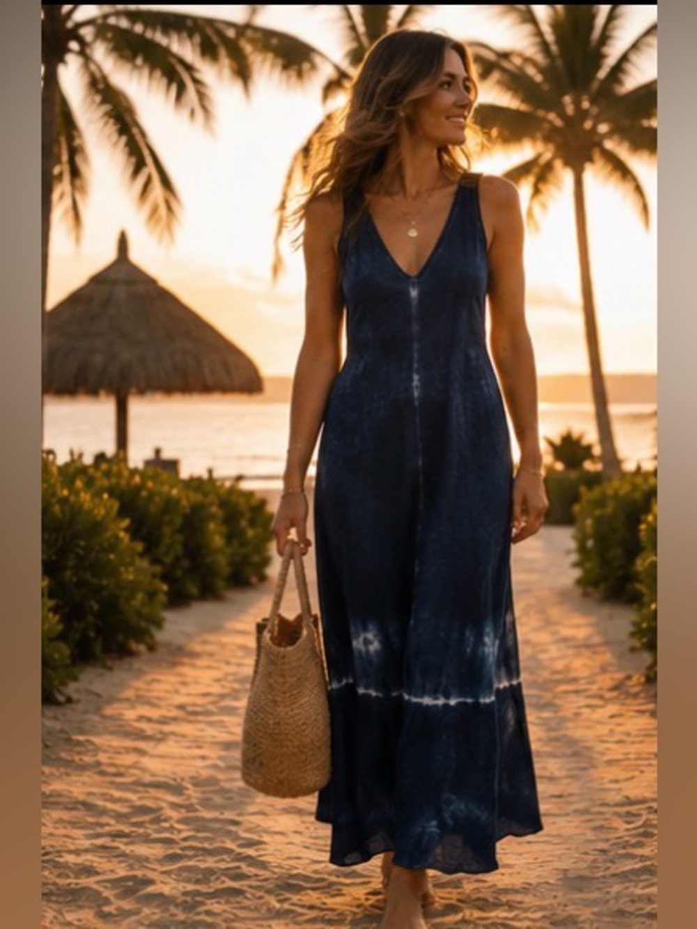Stone & Sky Tie Dye Double V Midi Dress Blue Coastal Boho Chic